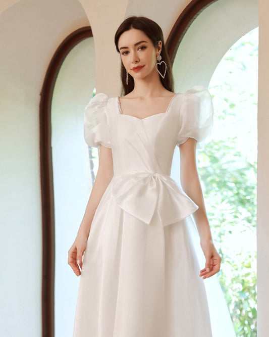 Retro Puff Sleeves Bow Tie Embellished Bridal Dress