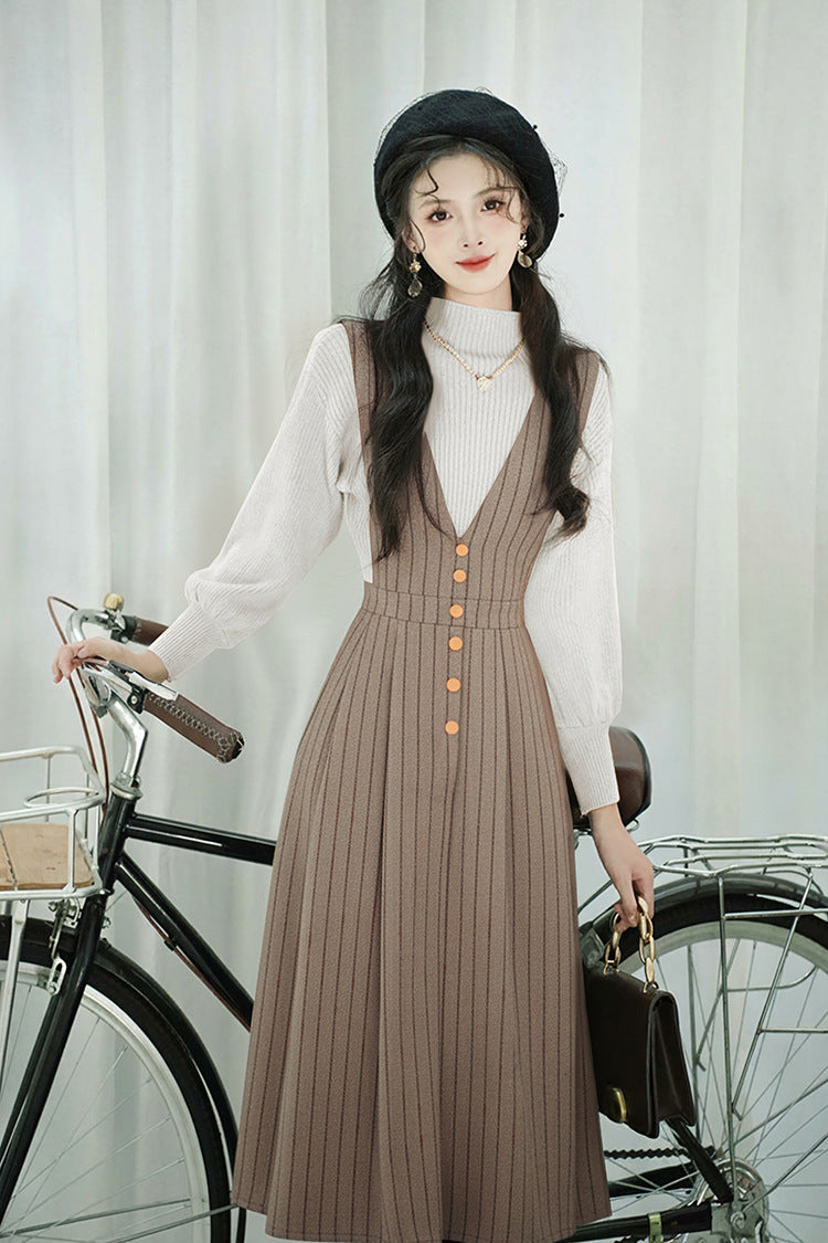 Retro Parisian Knit Top & Pinafore Dress Set