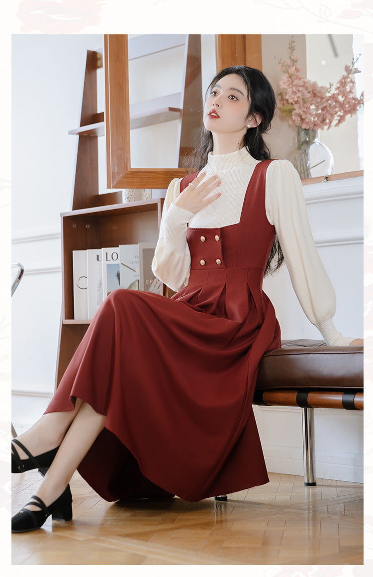 Retro librarian Knit top Pinafore Dress Set