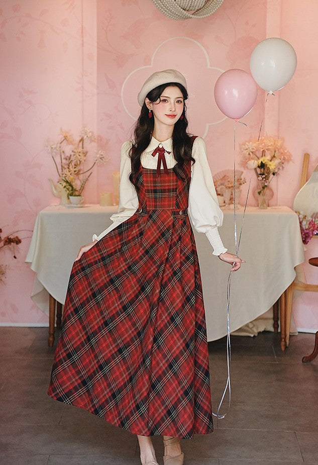 Retro Academia Tartan Blouse Pinafore Dress Set