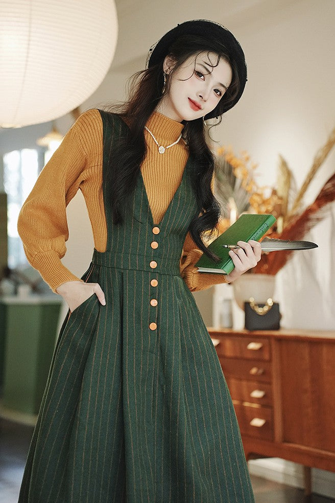 Retro Parisian Knit Top & Pinafore Dress Set Green / L I Retro Fairy Retro Parisian Knit Top & Pinafore Dress Set Green / L I Retro Fairy