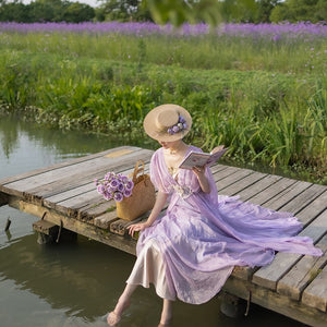 Retro Fairycore Embroidery Lavender Dress