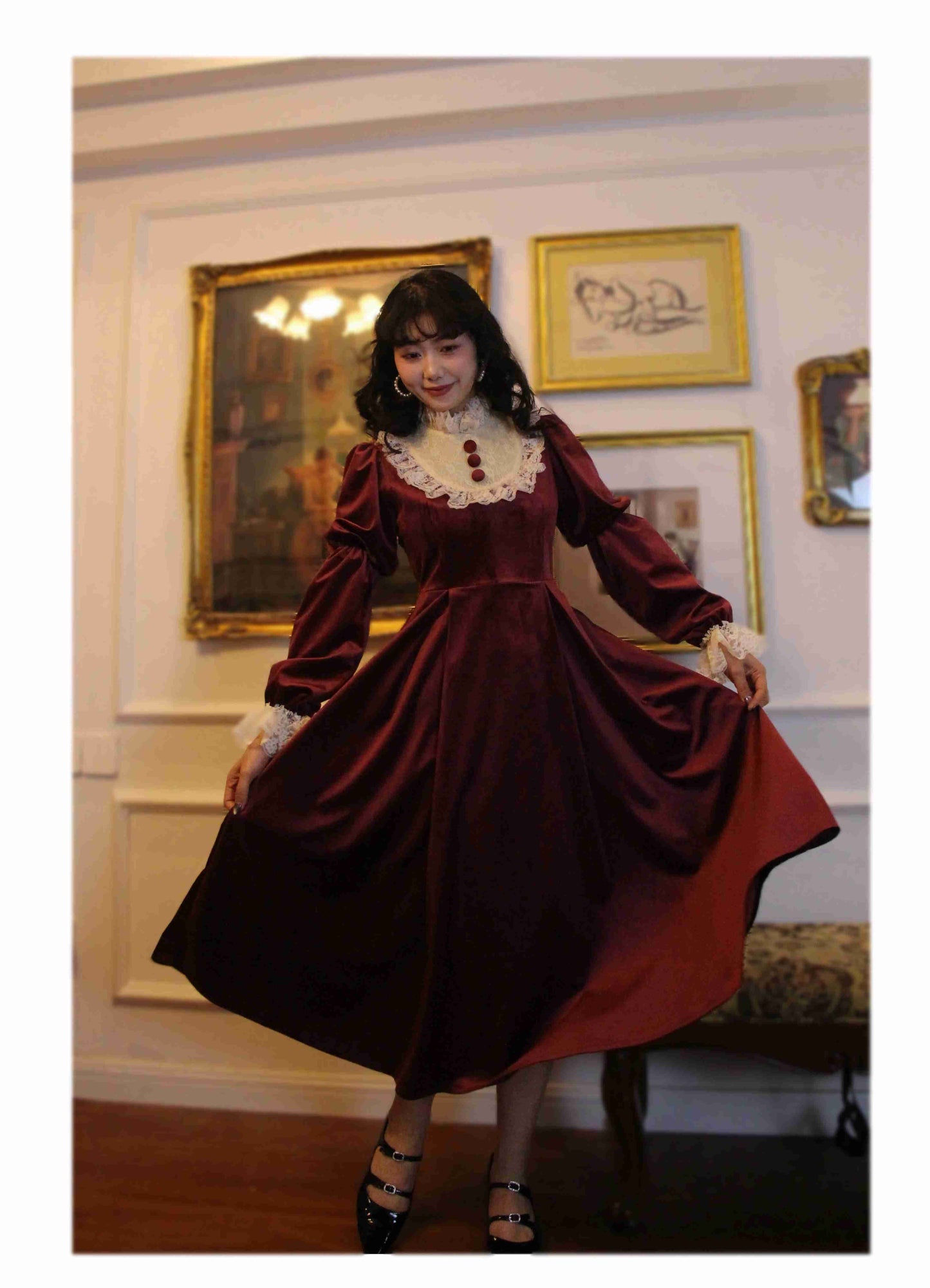 Vintage 30s Lace Stitched Velvet Dress