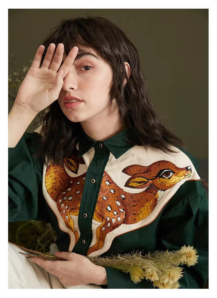 Retro Deer Embroidery Blouse Top