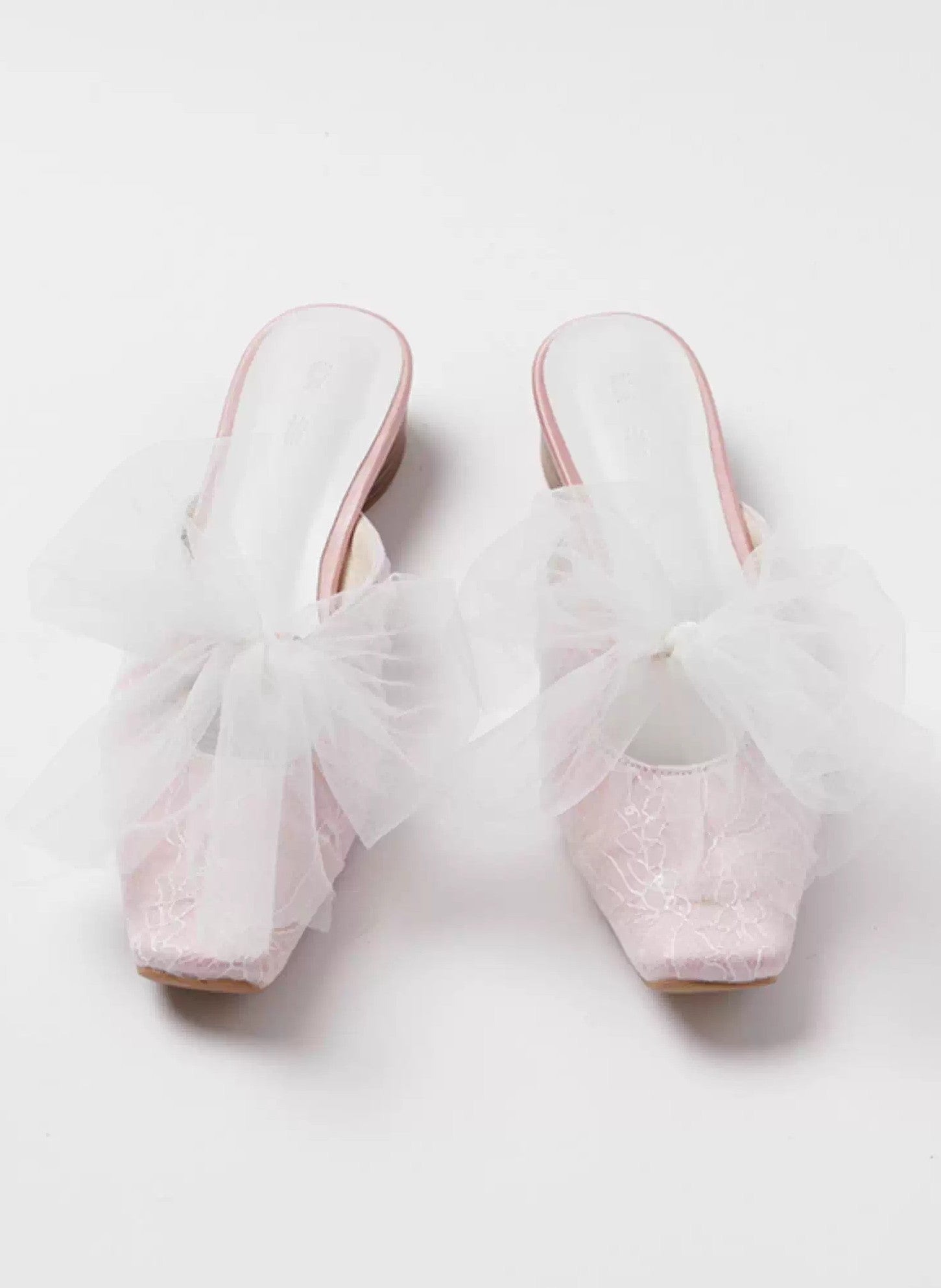 Lace mesh bow square-toe chunky heel Mules Slippers