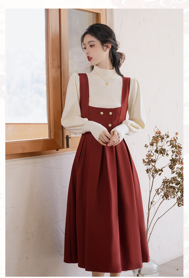 Retro librarian Knit top Pinafore Dress Set