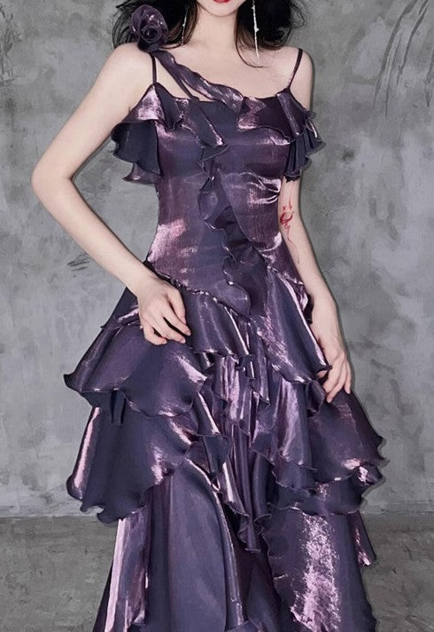 Dreamy Ruffled Irregular Slip Dress Light purple / Customize Size