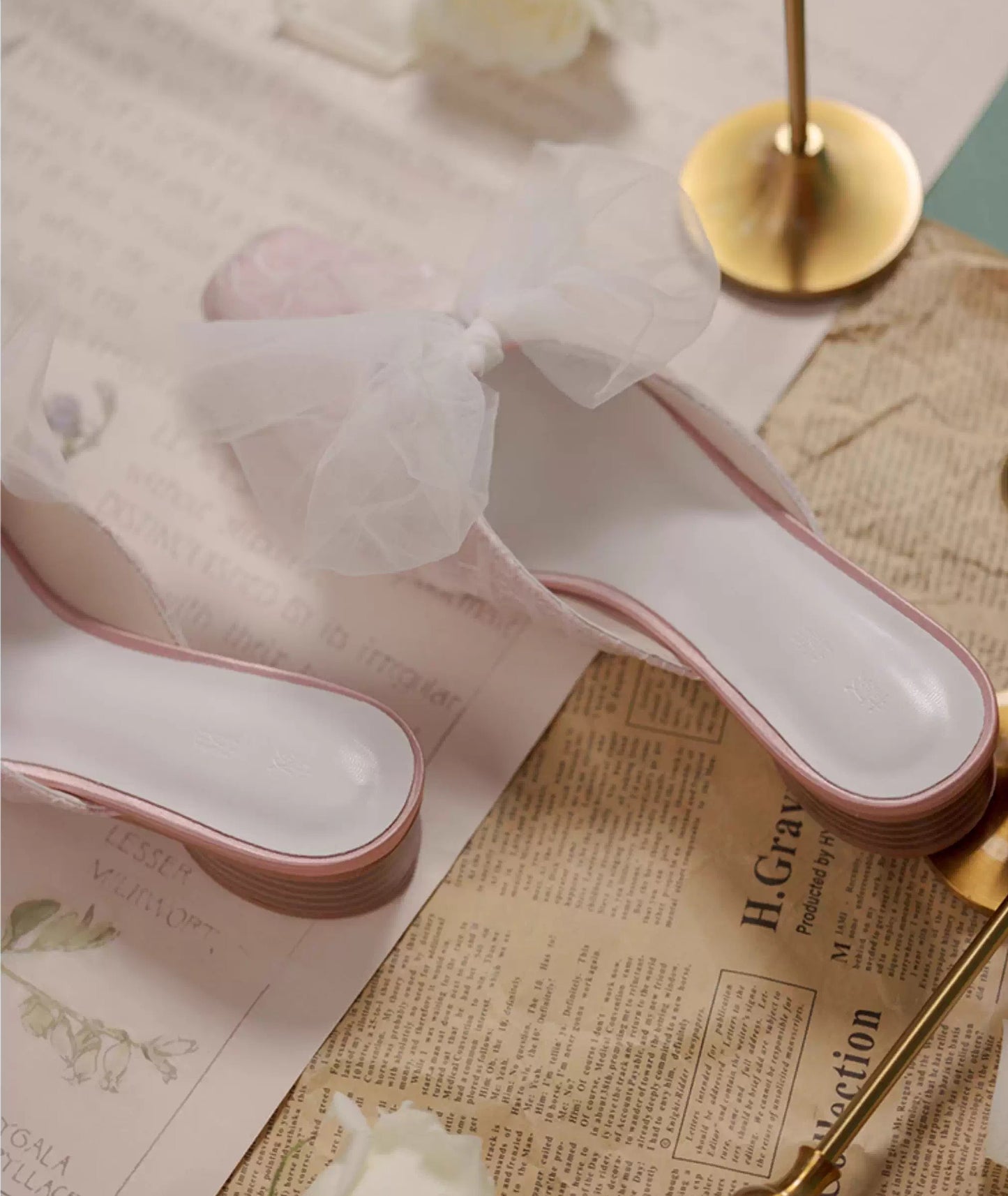 Lace mesh bow square-toe chunky heel Mules Slippers
