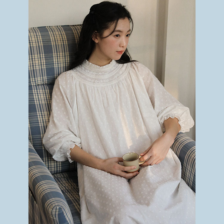 Retro Cotton Jacquard Long Sleeves Night Gown