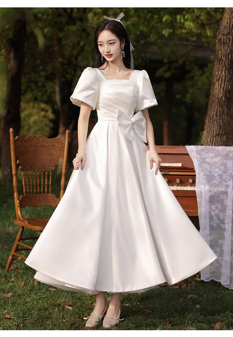 Retro Parisian Puff Sleeves Bow Tie Bridal Gown