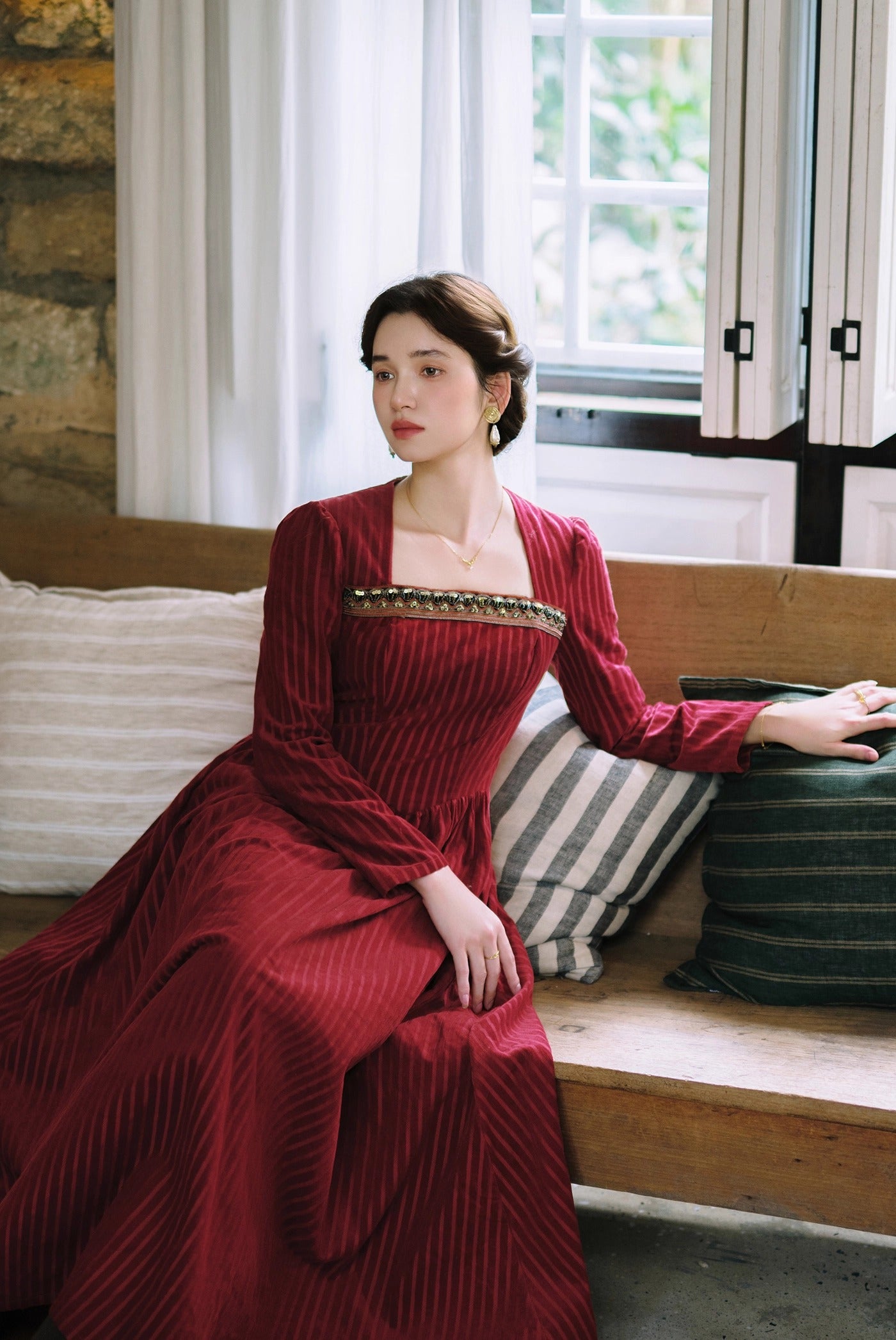 Retro Court Square neck beaded corduroy Dress