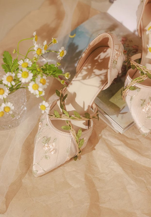 Fairycore Vine Embroidery Kitten Heel Shoes