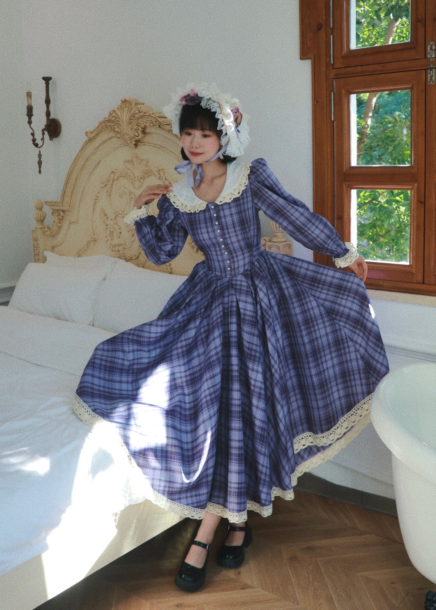 1970s Tartan Puff Sleeves Picnic Dress （Customizable）