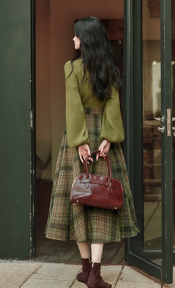 Retro Parisian Knit top & Plaid Skirt Set