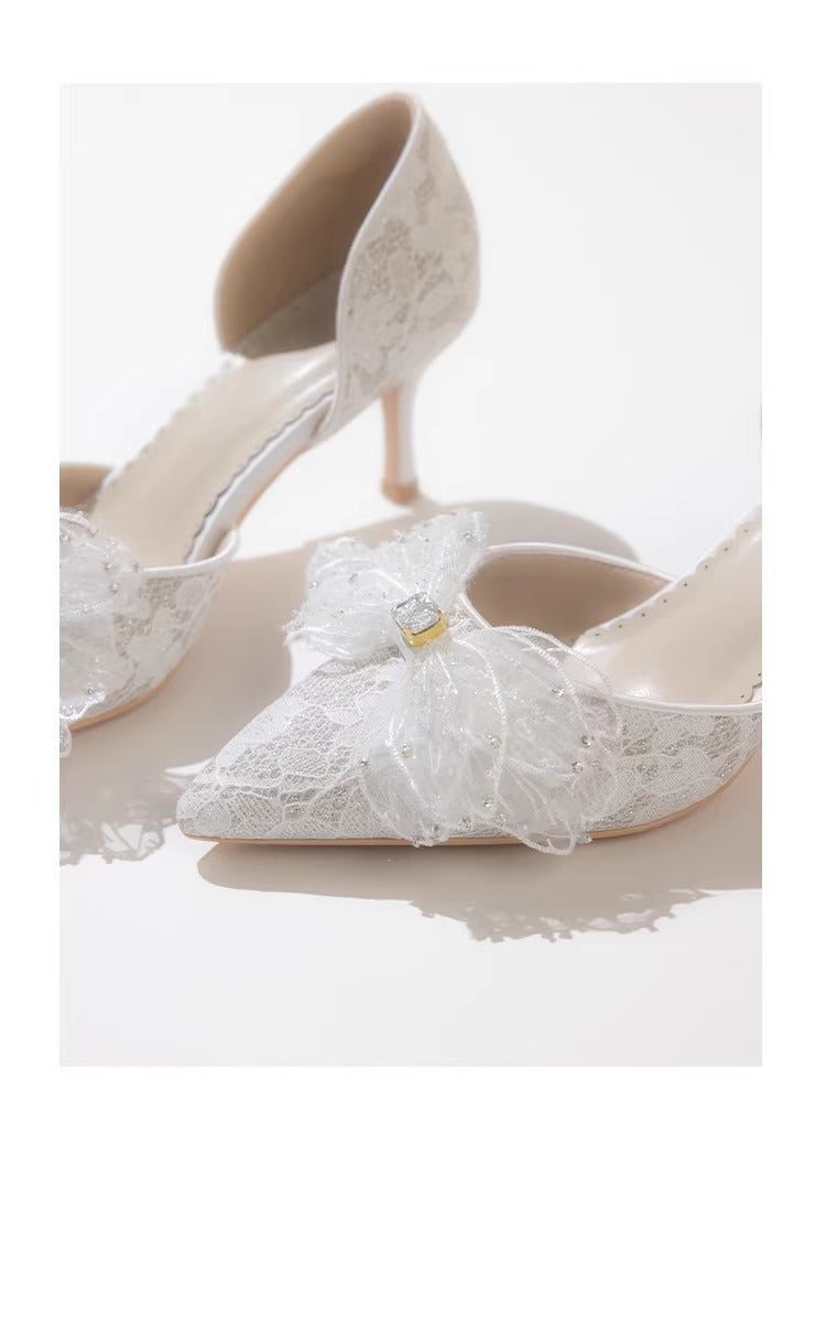 Dreamy Lace Bow Tie Pointed Toe Heels