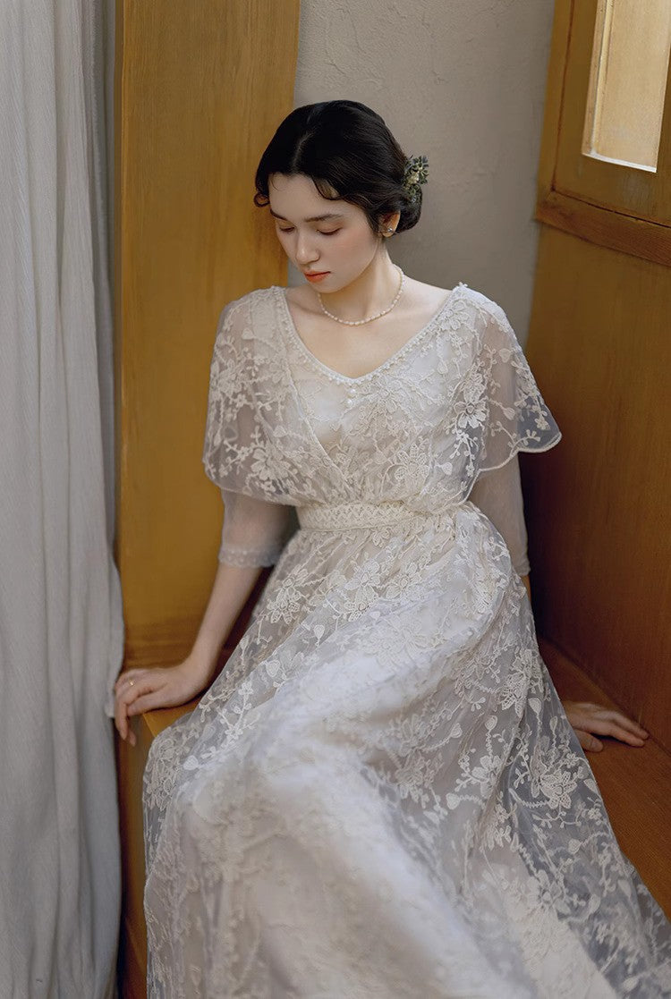 Downtown Abbey Style Embroidered Lace Cape Dress