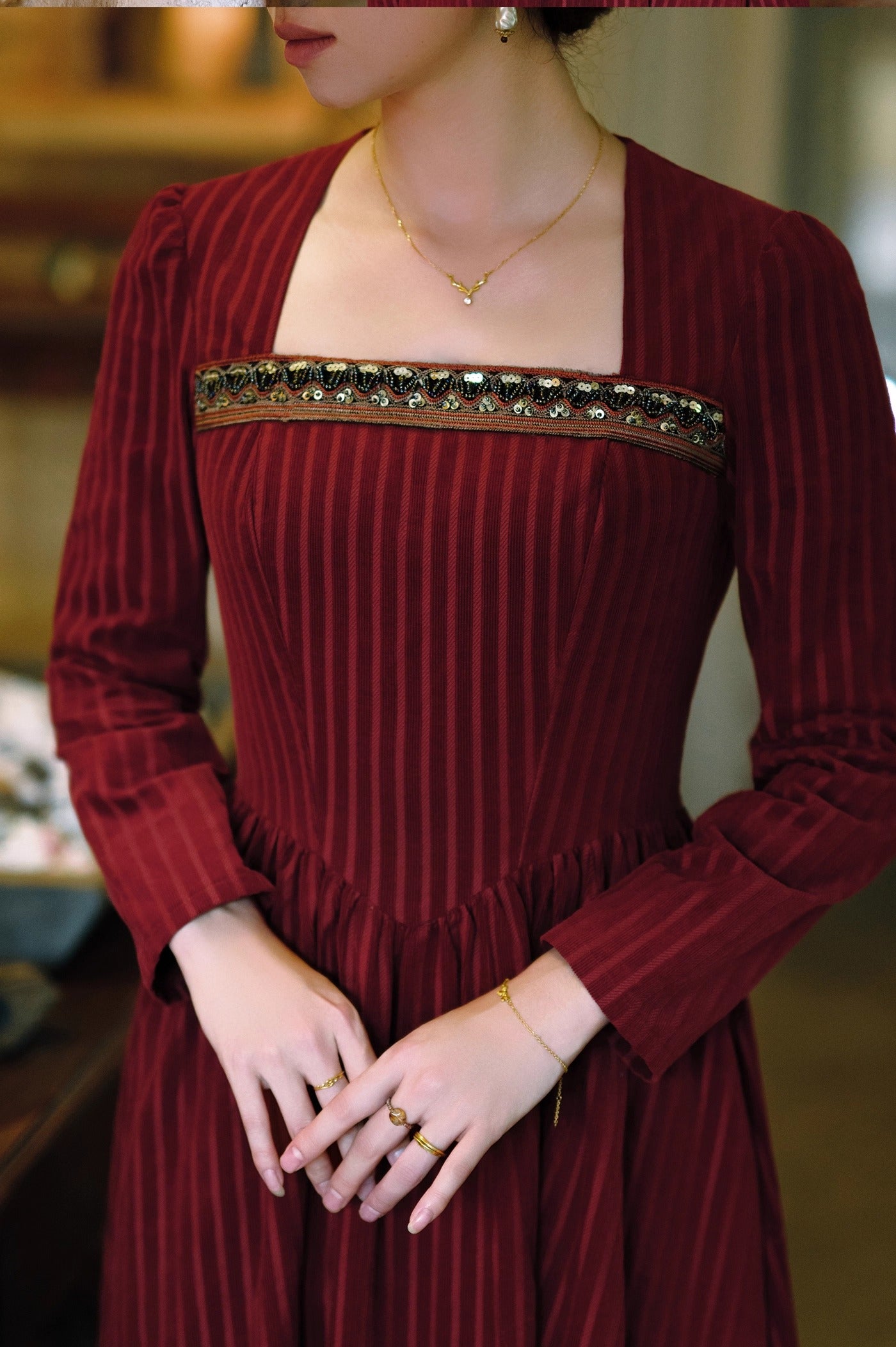 Retro Court Square neck beaded corduroy Dress