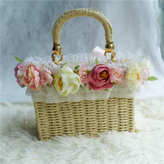 Handmade Cottagecore Floral Straw Bag