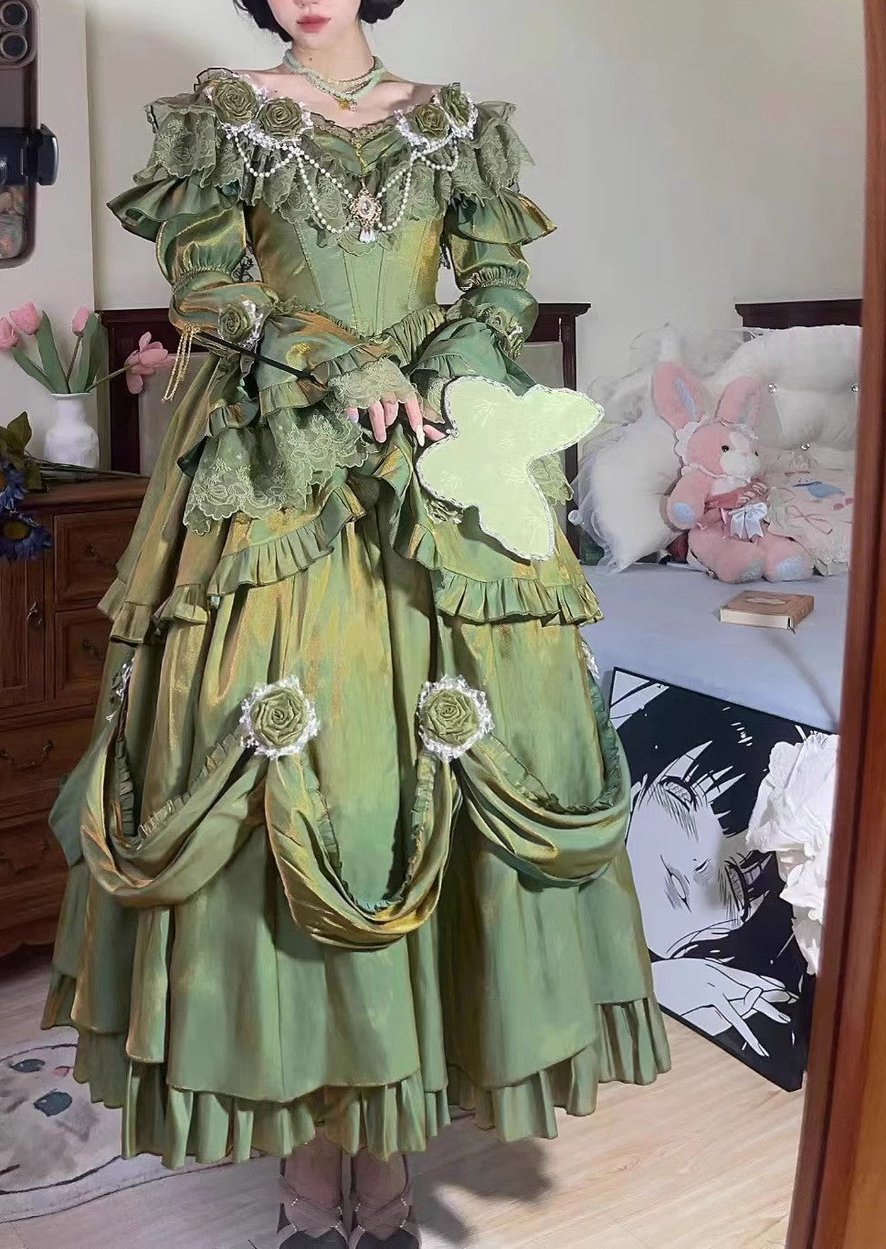 Vintage Coquette Princess Prom dress with Pearl Chain Velvet fabric - Green / Size XL I Retro Fairy Vintage Coquette Princess Prom dress with Pearl Chain Velvet fabric - Green / Size XL I Retro Fairy