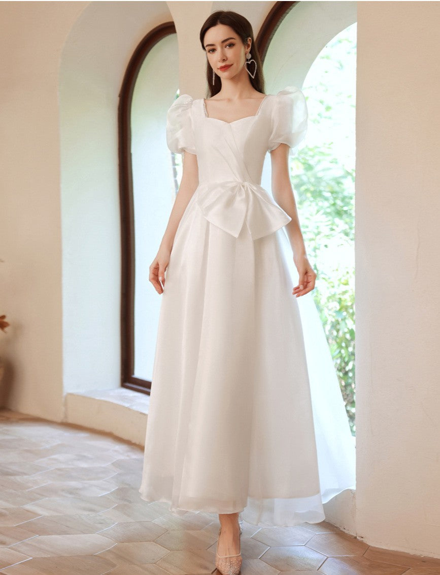 Retro Puff Sleeves Bow Tie Embellished Bridal Dress