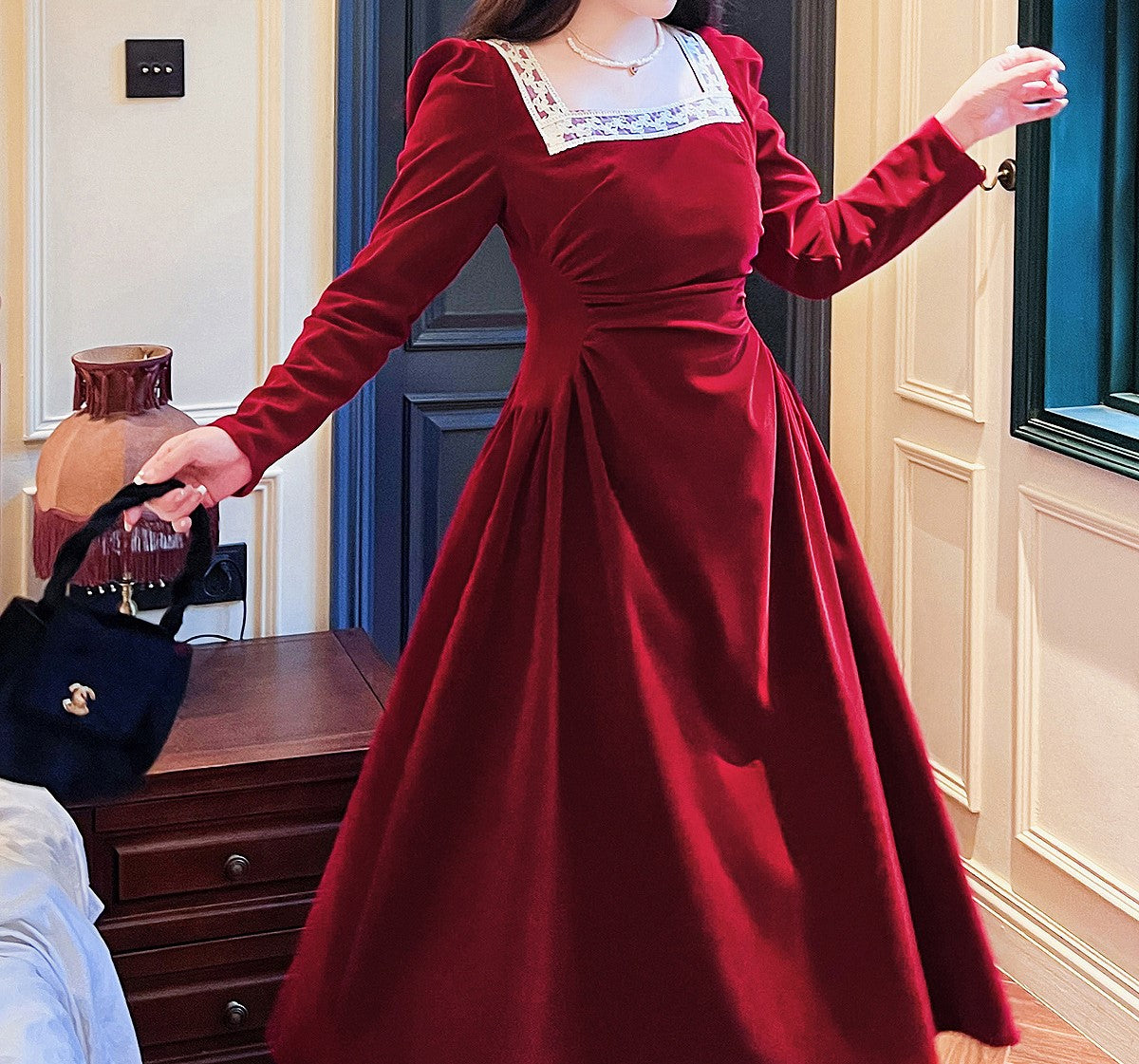 Royalcore Square Collar Velvet Dress （Extended Sizes）