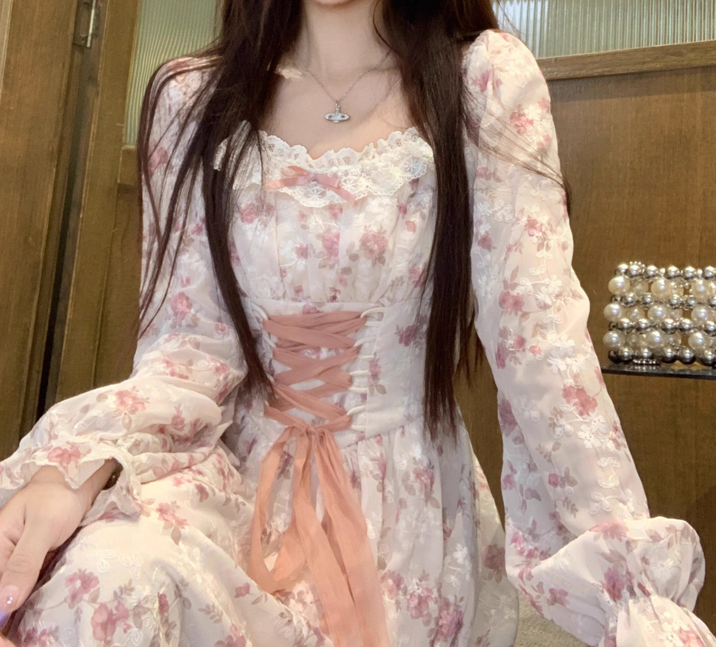 Fairycore Lace up Floral Dress [Extended Sizes]
