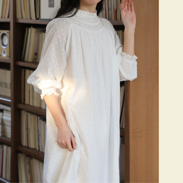 Retro Cotton Jacquard Long Sleeves Night Gown