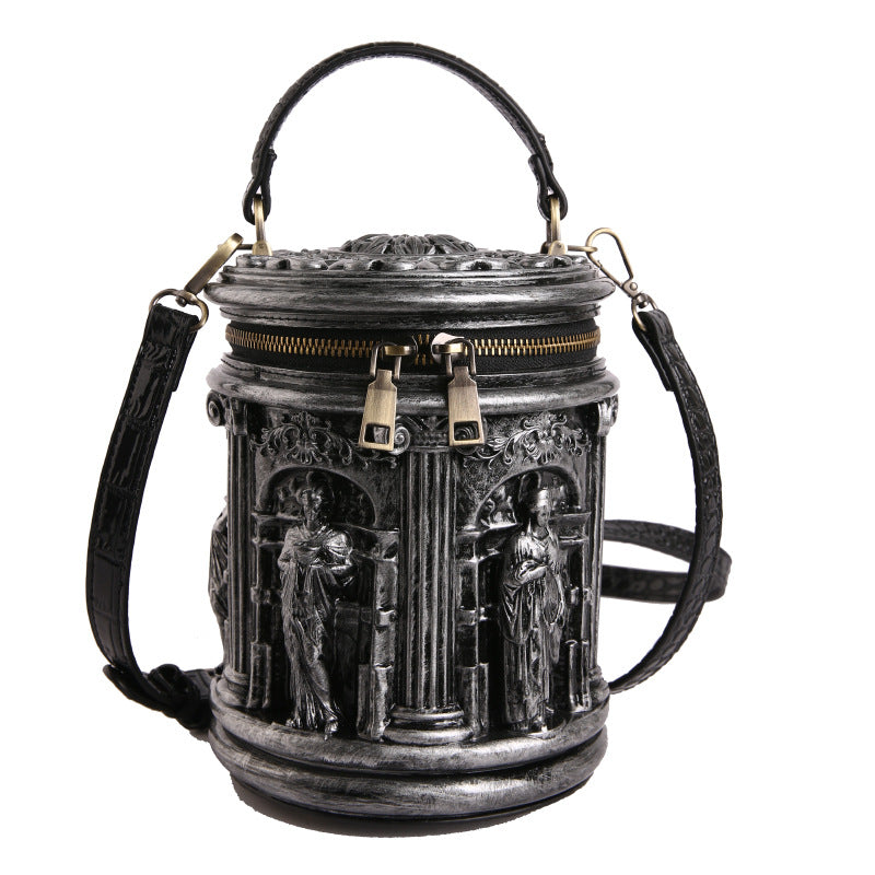 Baroque-style bucket bag with 3D relief detailing