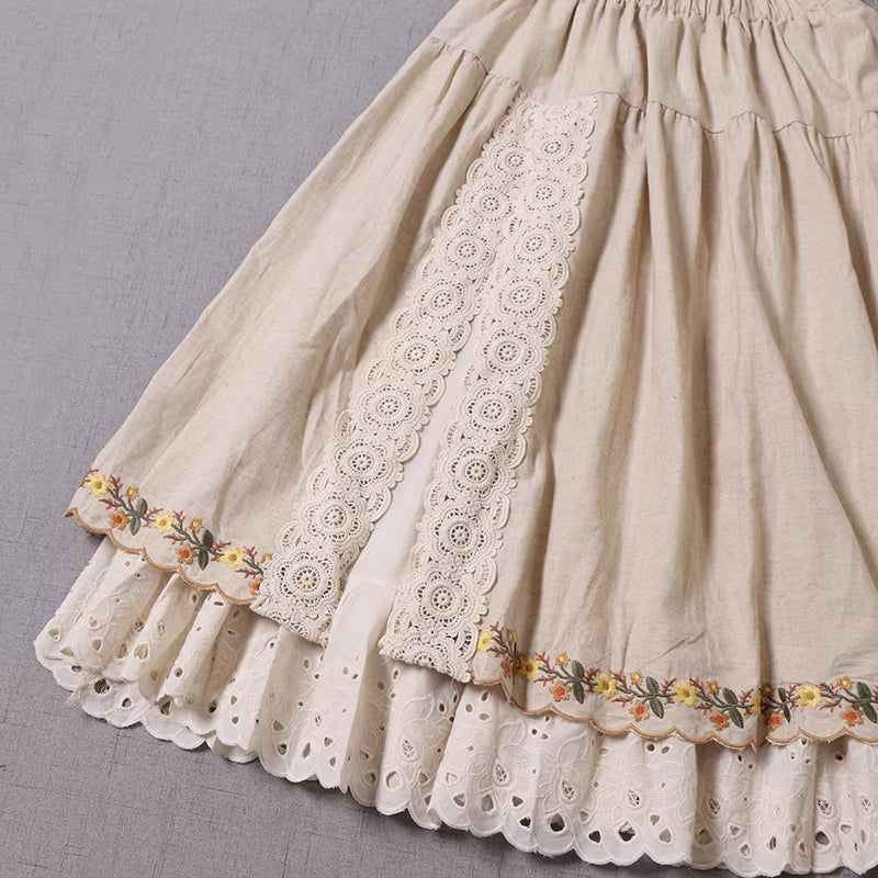 Cottagecore Embroidery Lace Trim Skirt