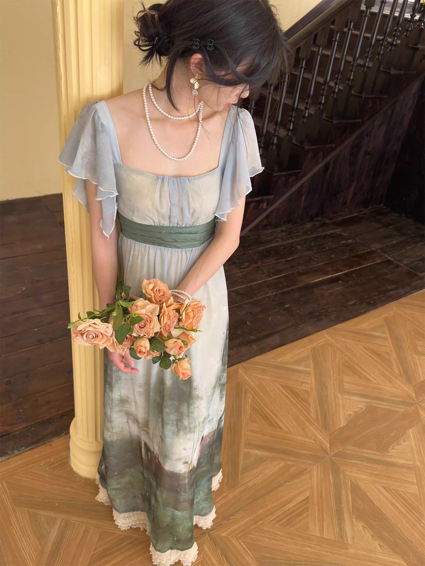 Regency Style Oil Painting Print Dress