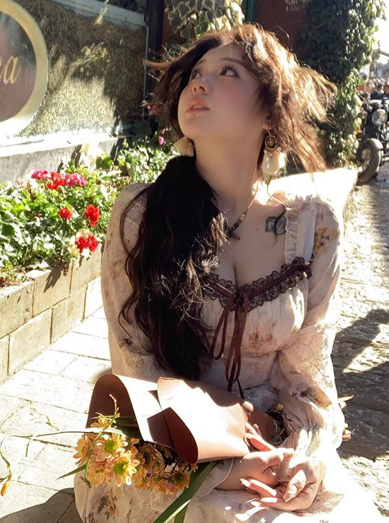 Dreamy Fairycore Floral puff Sleeves Dress