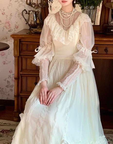 1900s Lace Panel Stand Collar Princess Dress Maxi / L I Retro Fairy 1900s Lace Panel Stand Collar Princess Dress Maxi / L I Retro Fairy