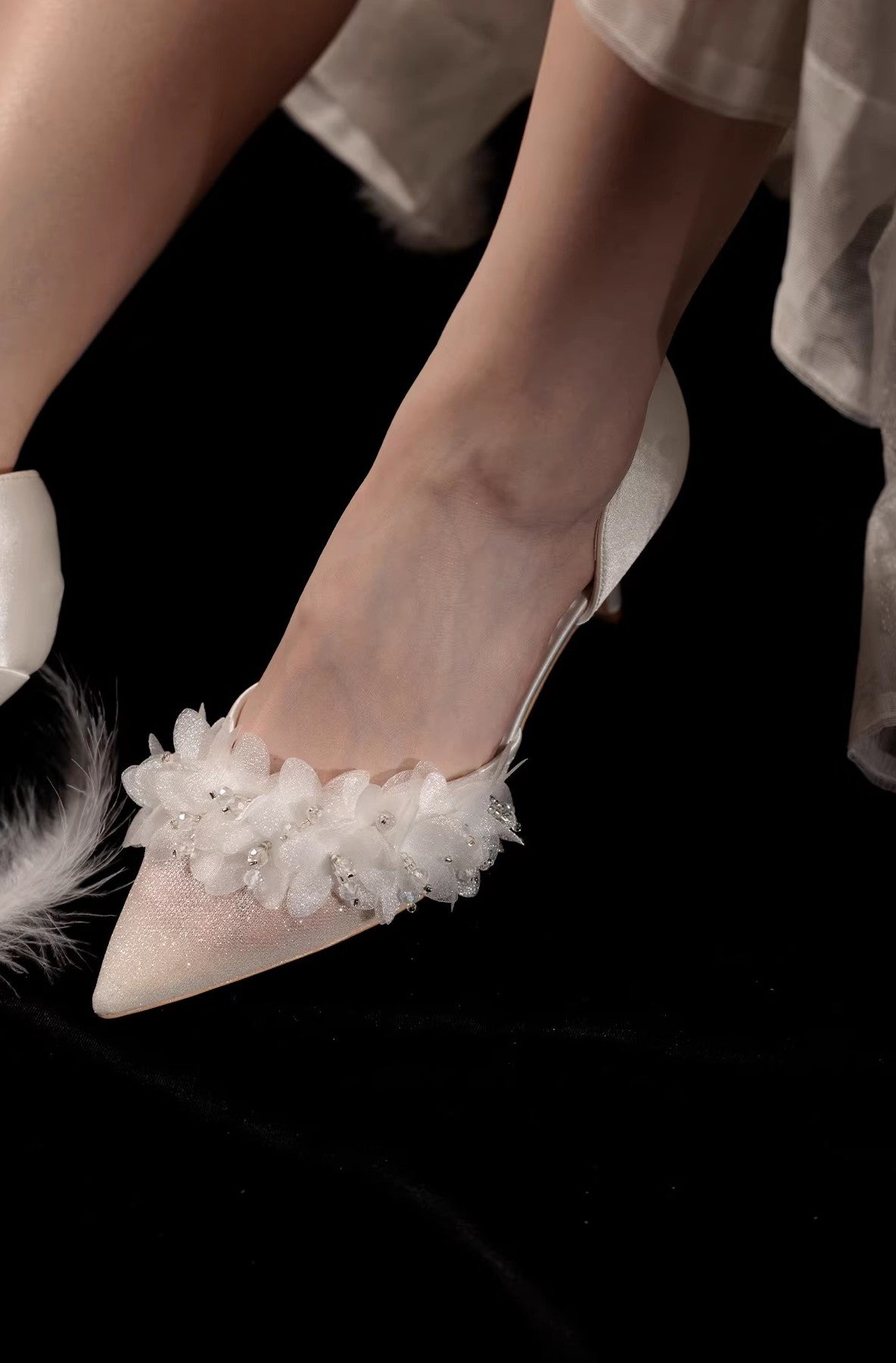 Dreamy Flower Embellished Shimmering Pointed Toe Heels