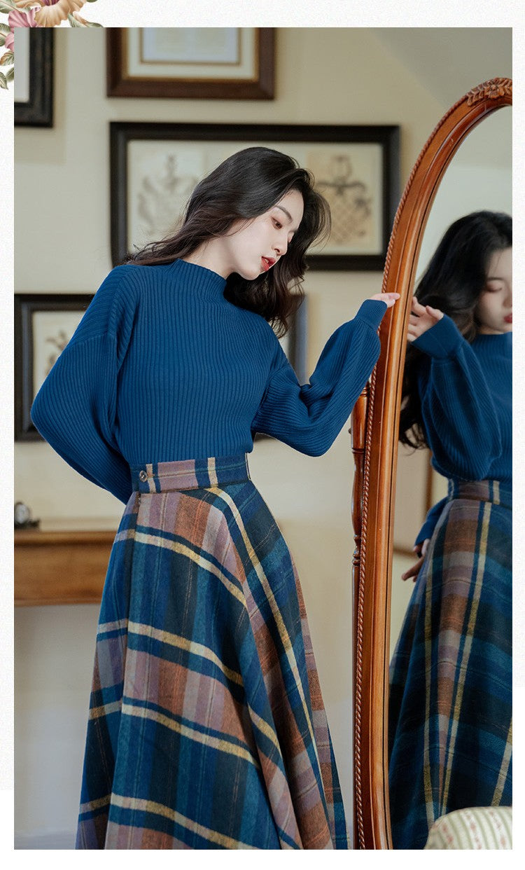 Vintage Style Knit Top Plaid Skirt Set – Retro Fairy