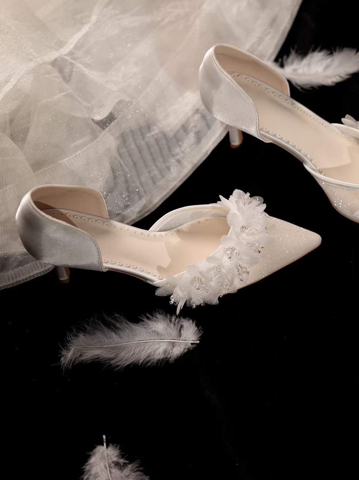 Dreamy Flower Embellished Shimmering Pointed Toe Heels