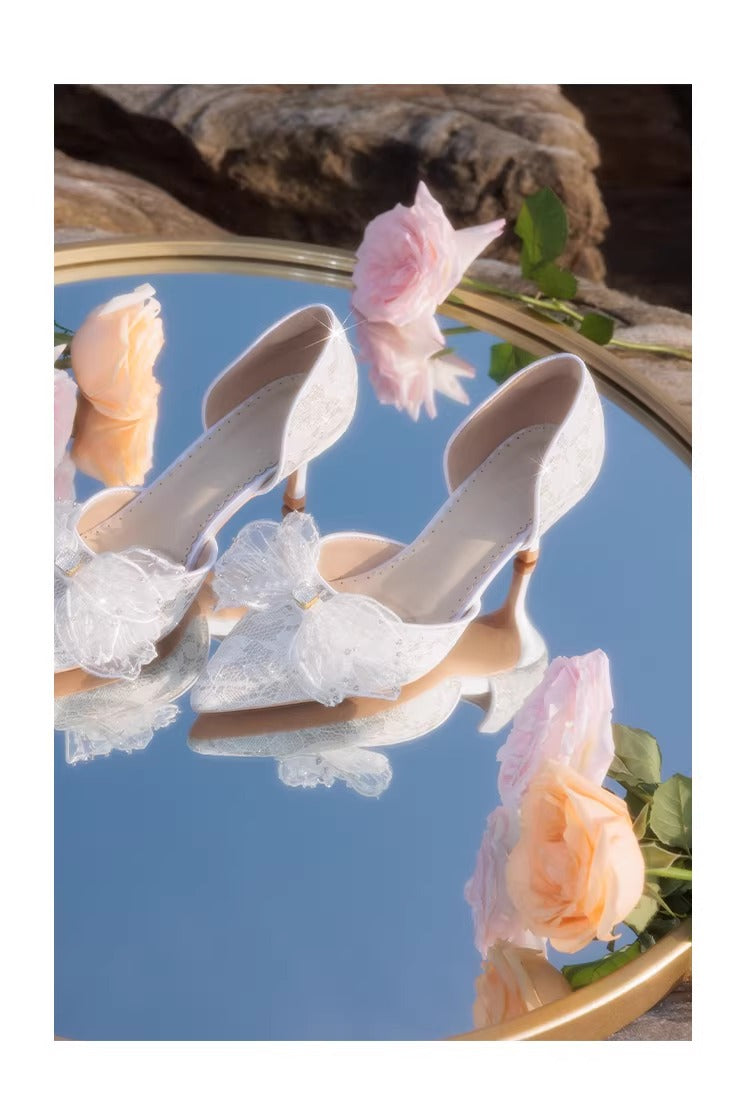 Dreamy Lace Bow Tie Pointed Toe Heels