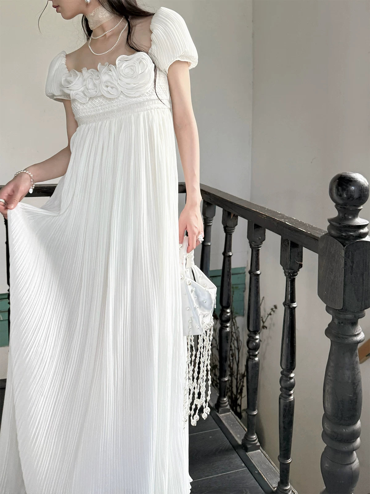Regency Style Ruffled Pleated Dreamy Dress