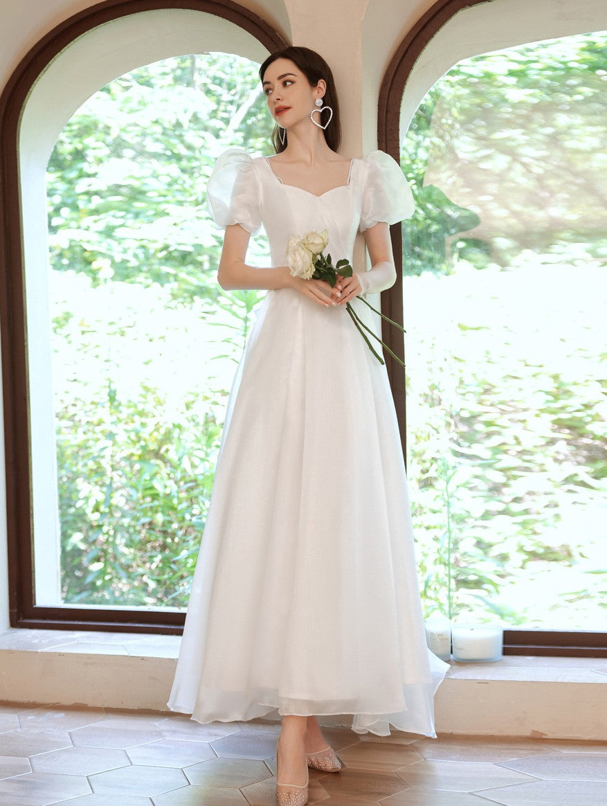 Retro Puff Sleeves Bow Tie Embellished Bridal Dress