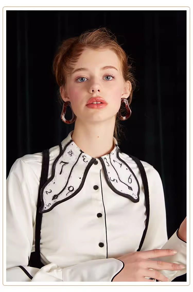 Retro Clock Print Collar Shirt