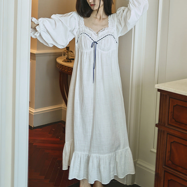 Vintage Style Puff Sleeves Cotton Night Gown Dress