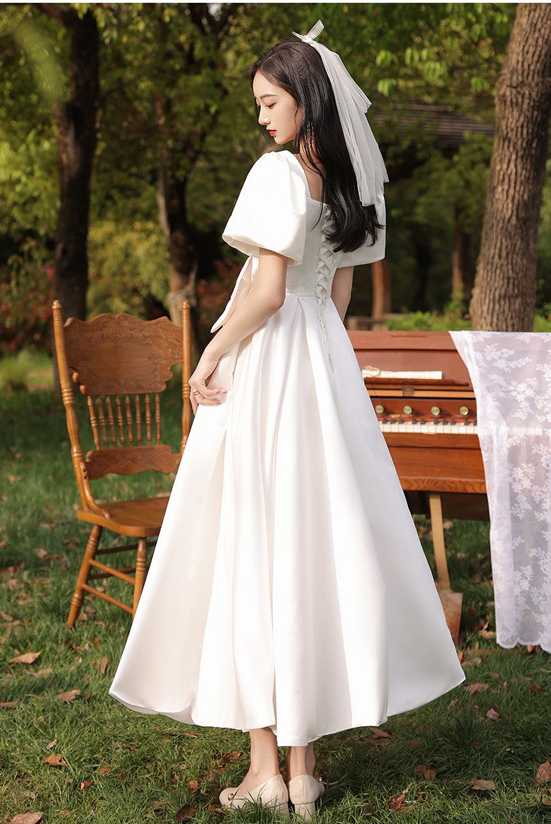 Retro Parisian Puff Sleeves Bow Tie Bridal Gown