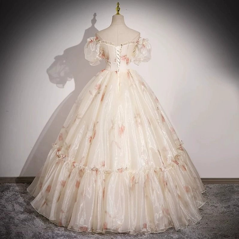 Princess Off-Shoulder Studded Floral Ball Gown L