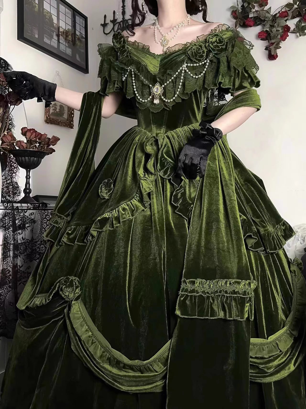 coquette prom dress Vintage Coquette Princess Prom dress with Pearl Chain Velvet fabric