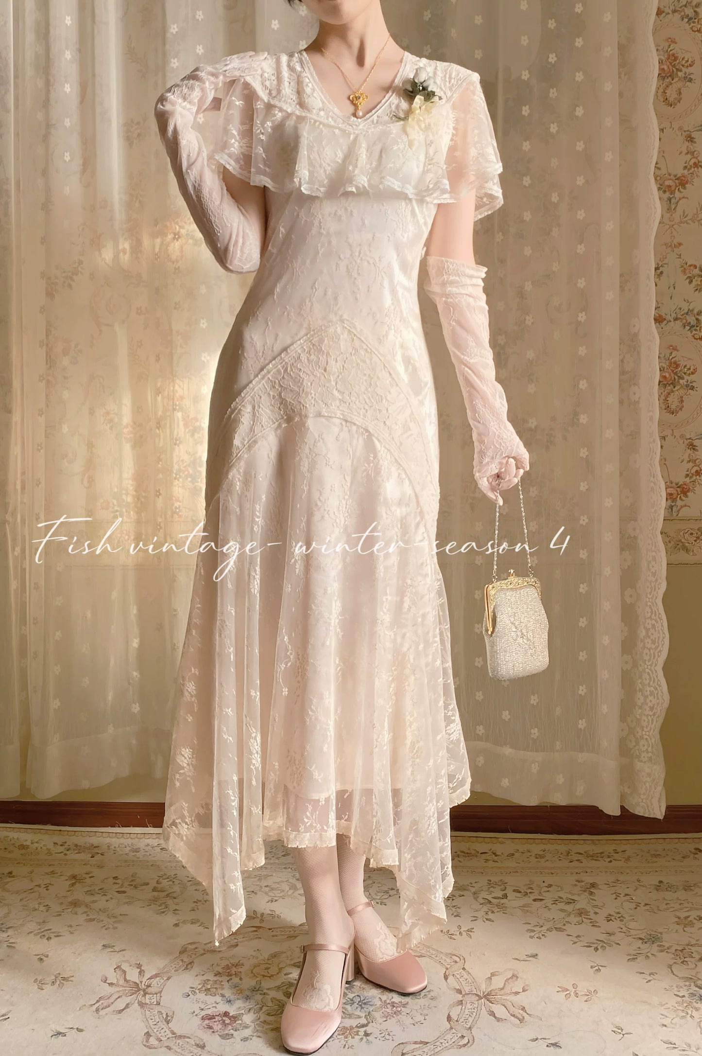 1920S Gatsby Style Lace Cape Dress