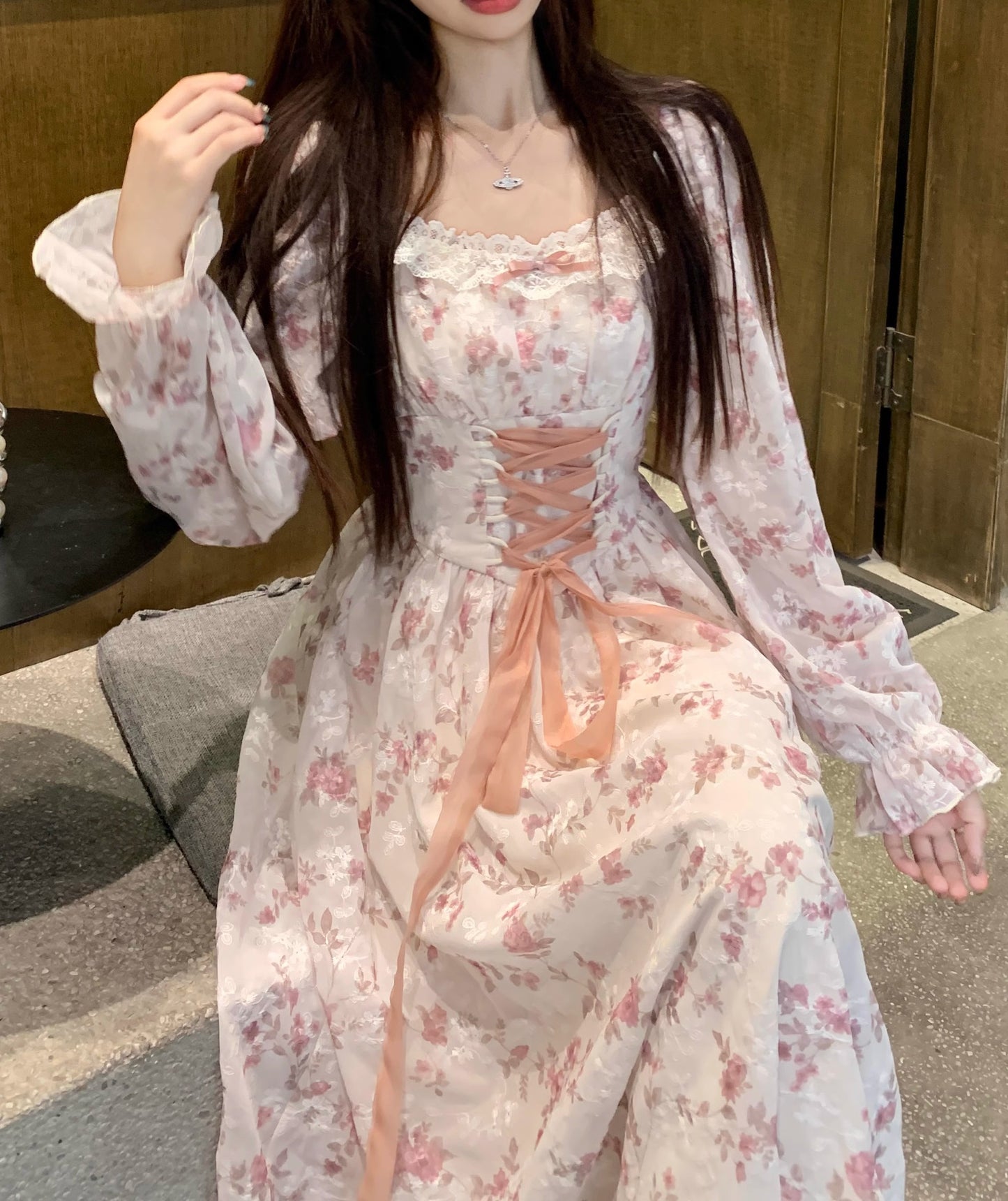 Fairycore Lace up Floral Dress [Extended Sizes]