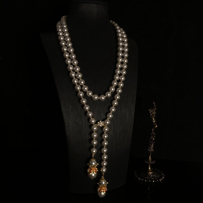 1900s Style Long Pearl Necklace & Earrings