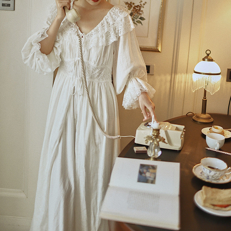 Vcitorian Style V neck Lace Trim Night Gown