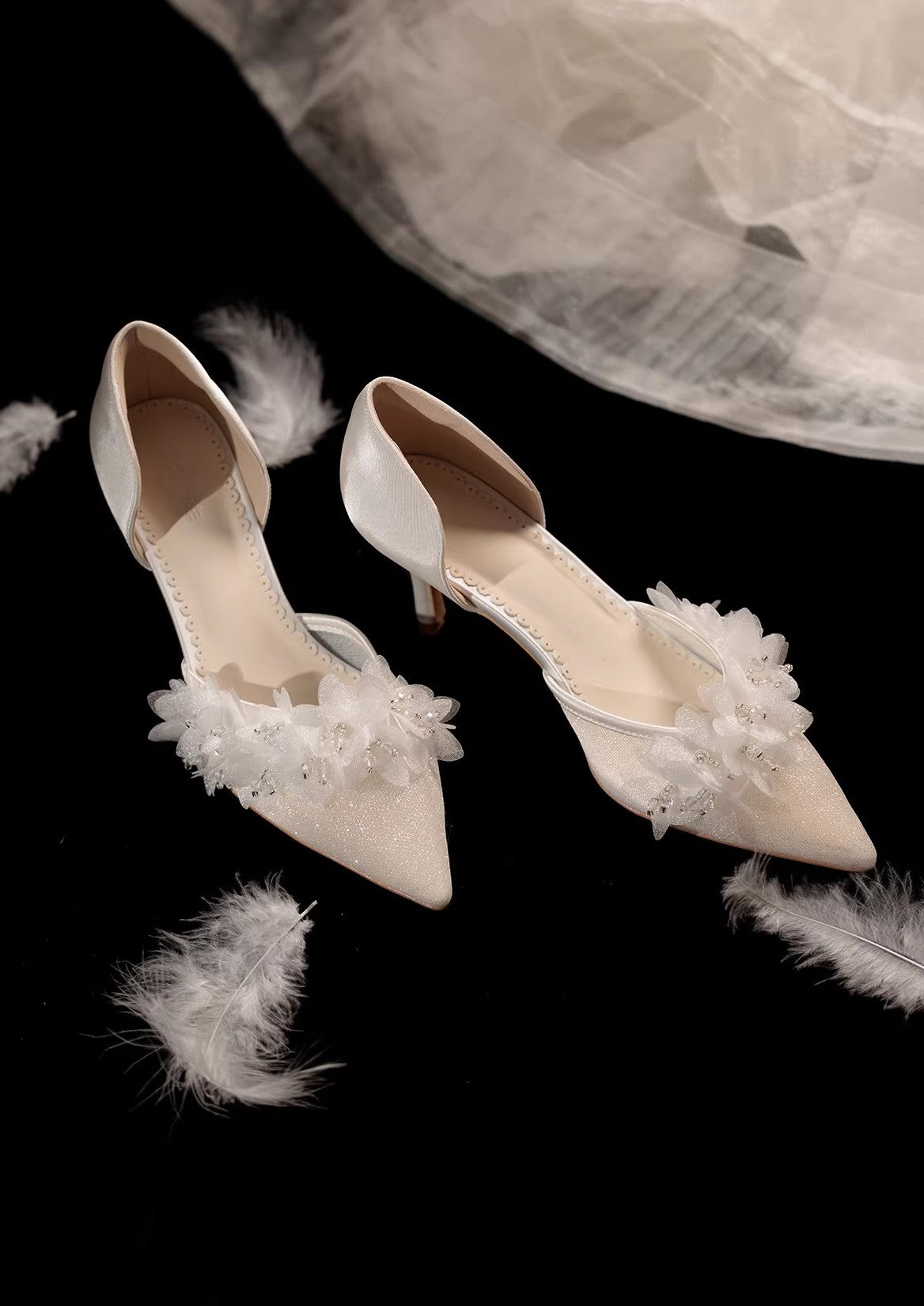 Dreamy Flower Embellished Shimmering Pointed Toe Heels