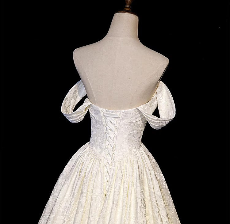 Retro Off Shoulder A-line Satin Bridal Gown Wedding Dress