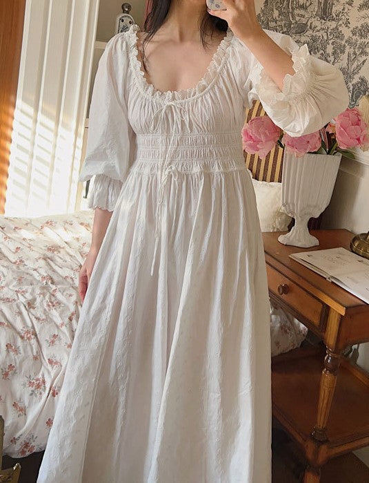 Vintage Puff Sleeves Cotton Night Gown Dress L